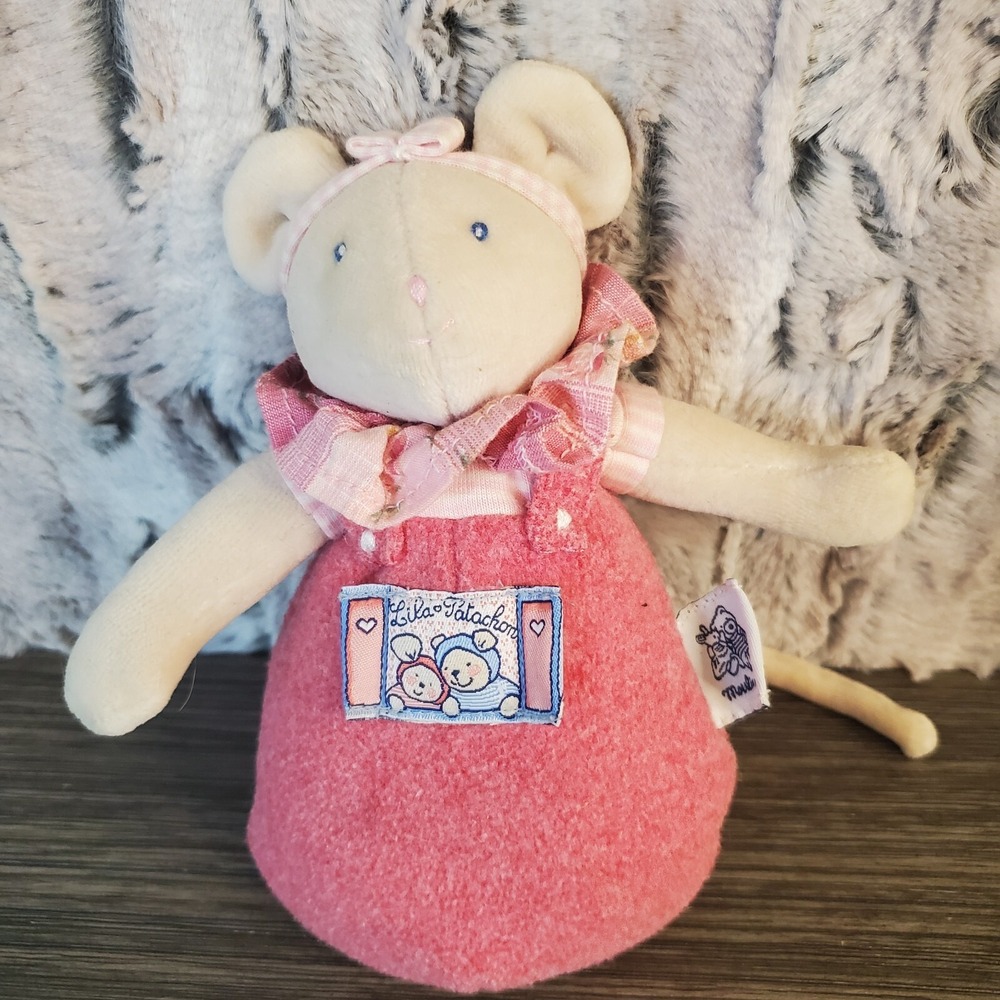 Moulin Roty Plush Baby Rattle‎ Mouse Doll, Les Petits Dodo 7" France Pink Beige
